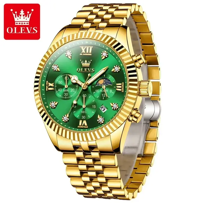 OLEVS-Montre à Quartz Étanche pour Homme, Chronographe en Acier Inoxydable localité, Phase de Lune, 