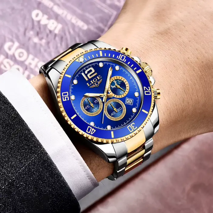 Montre homme LIGE acier inoxydable avec chronographe et résistance à l'eau pour homme occasionnels spéciaux quartz élégante à offrir