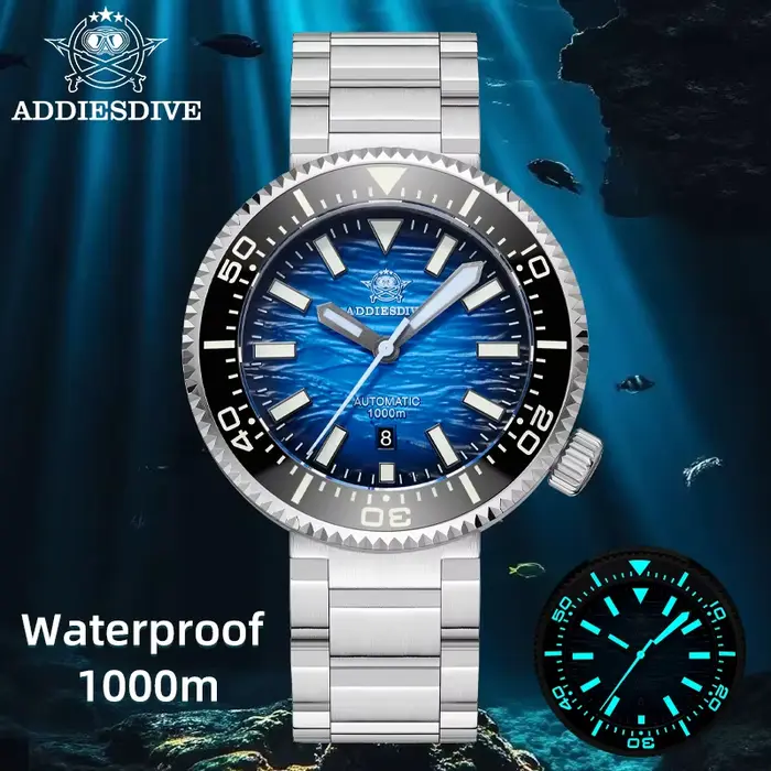 ADDIESDIVE Nouvelle Montre de Plongée de Luxe 2026 100 Bar Super Lumineuse avec Lunette en Céramique Personnalisée Verre Saphir Acier Analogique