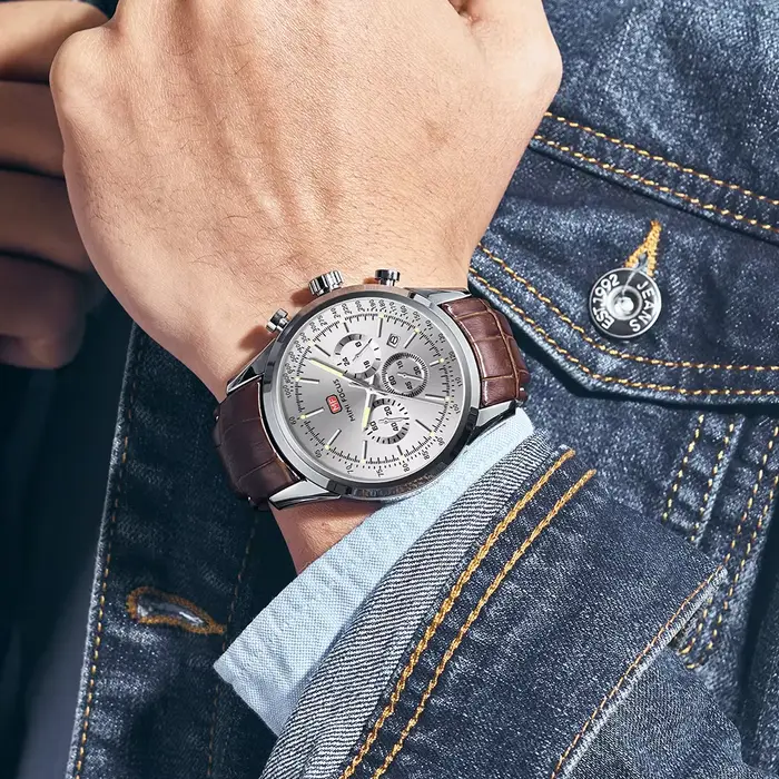Montres MINI FOCUS pour hommes bracelet en cuir véritable avec chronographe et affichage de la date montre-bracelet sport étanche cadeau pour homme occassions spéciales