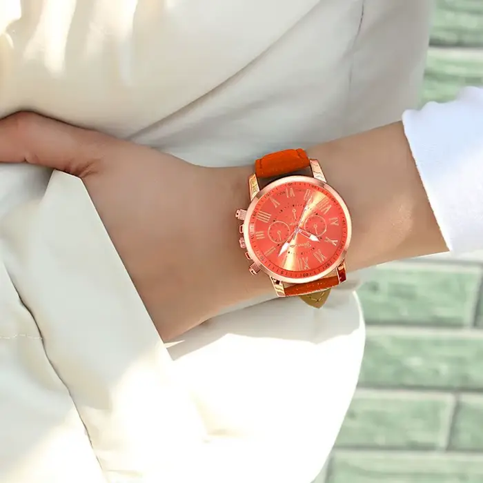 Reloj Mujer Mode Femmes Montres Dames Orange Cuir Quartz Montre-Bracelet