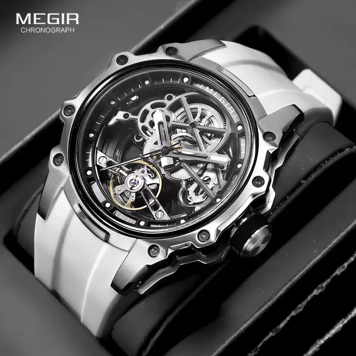 Montre mécanique MEGIR à cadrain squelettique avec bracelet en silicone pour homme, résistante à l'eau, style mode et casual