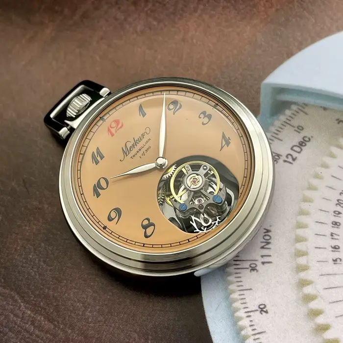 Merkur True Tourbillon montre de poche Vintage cadran en émail saumon