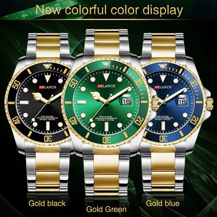 Montre en acier inoxydable ARLANCH avec mouvement Quartz, résistance à l'eau, chronographe, calendrier complet et design sport décontracté pour homme