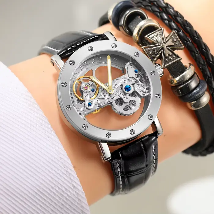 Montre automatique de luxe squelette en acier pour homme