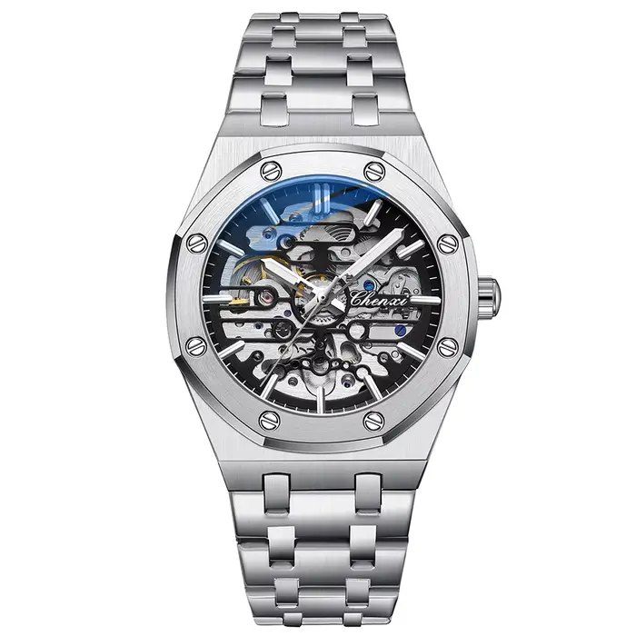 CHENXI haut de gamme évider entièrement automatique montres mécaniques pour hommes argent noir brace
