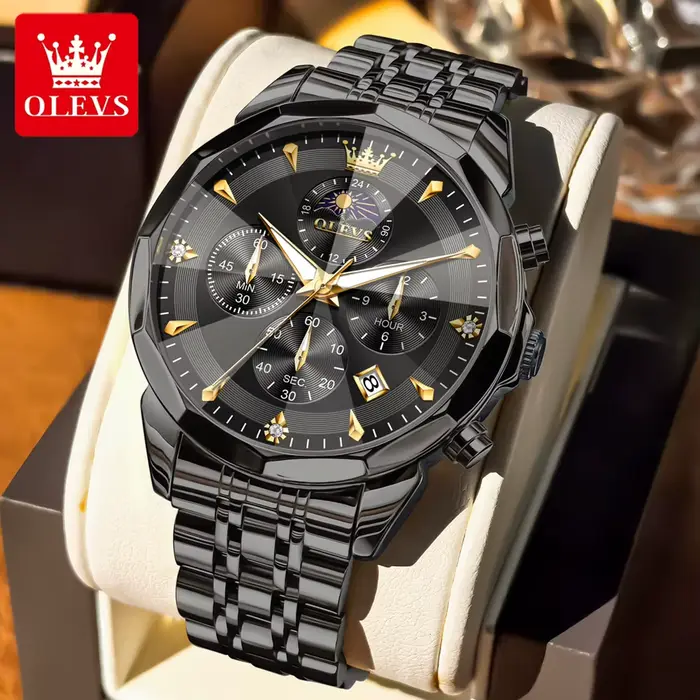 OLEVS montre homme classique Chrono Phase de lune montres à Quartz multifonctions pour hommes miroir romain bracelet en