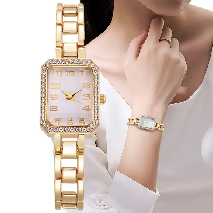 Montres de luxe pour femmes 2023 nouvelle arrivée simple carré plein diamant numérique montre à quartz or bracelet en