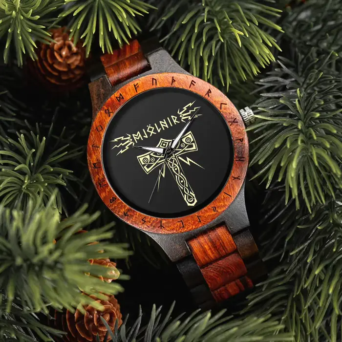 BOBO BIRD Viking Montres en Bois Top Mouvement à Quartz Japonais Montre-Bracelet Unique pour Hommes avec Helm of Awe Runic Circle Coffret Cadeau