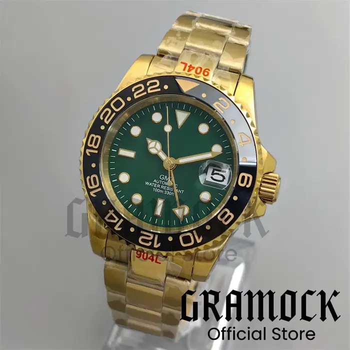 Montres Vintage personnalisées pour hommes, or jaune NH34, automatique, mécanique, cadran vert, lune