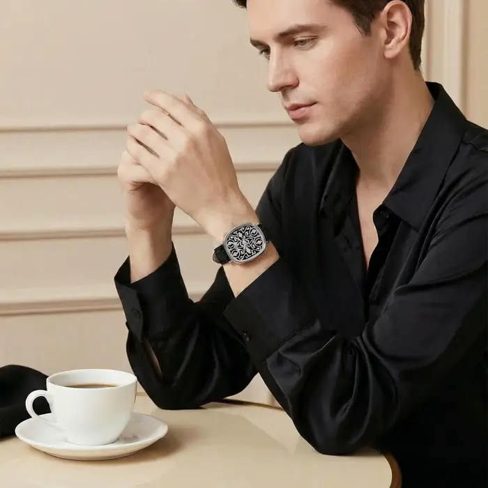 Montre à Quartz Design Sculpté en 3D Mouvement Sunon Boîtier Alliage Bracelet Cuir Occasions Spéciales Polyvalente Pour Homme