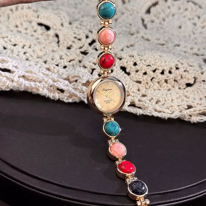 Montre à Quartz pour Femmes avec Pierres Précieuses Colorées Bracelet en Alliage de Lithium Textures Ovales Vintage Style Court Français Occasions Spéciales