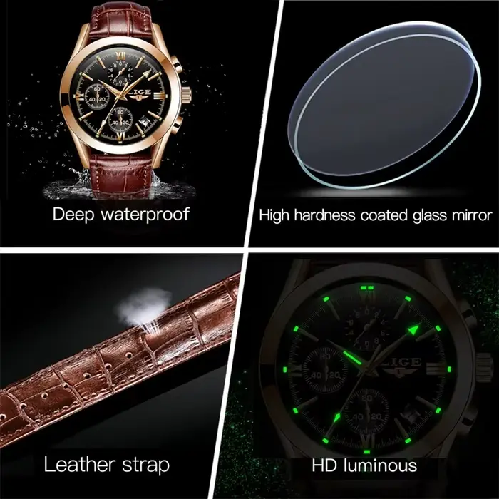 LIGE nouvelle mode hommes montres haut de gamme de luxe décontracté militaire en cuir Quartz homme montre affaires étanche sport chronographe