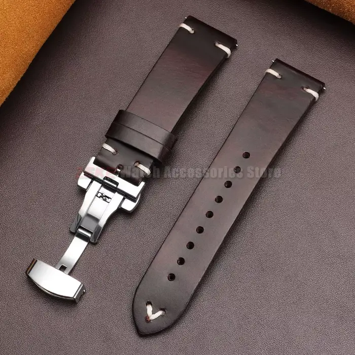 Bracelet de montre en cuir huilé vintage 18mm20mm 22mm pour Seiko Boucle papillon Couture en cuir de