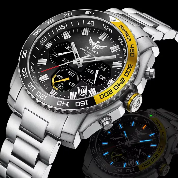 Montre YELANG homme militaire 44mm plongeur Eco-Drive résistante à l'eau avec tubes lumineux acier inoxydable pour occasions spéciales et plongée