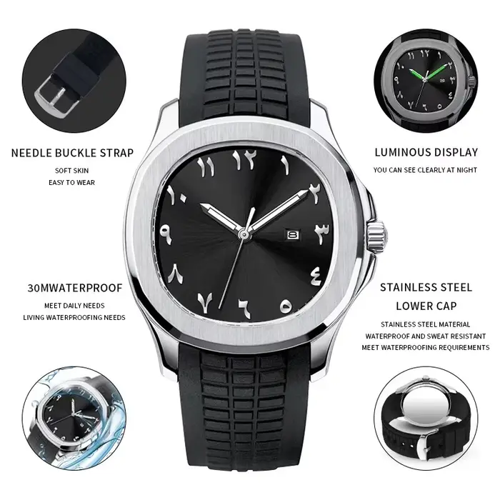 Chiffres arabes sans Logo moyen-orient luxe hommes montres marque Quartz mode créative Silicone Montre-bracelet Homme