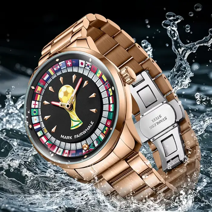 Montre homme MARK FAIRWHALE 5087 avec cadran à dial tournant drapeau, bracelet acier inoxydable, mouvement quartz, résistance à l'eau 3 bars, occasion sportive et quotidienne