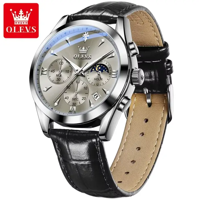 OLEVS 3609 Original Phase de lune chronographe montre pour hommes en cuir étanche lumineux luxe Quartz
