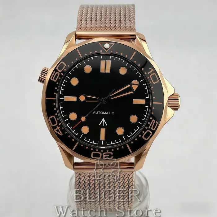 Montre de plongée mécanique BLIGER Vintage Bronze Or Rose 41mm pour homme NH35 PT5000 007 NTTD 100m avec lunette rouge bordeaux et bracelet en maille