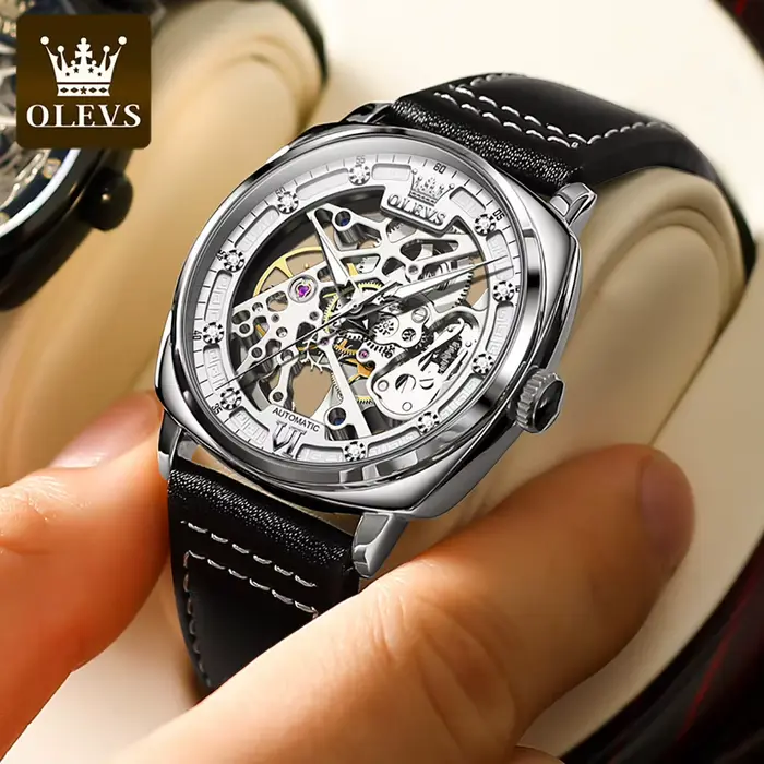 OLEVS 6651 montre automatique pour hommes bracelet en cuir entièrement creux montre-bracelet homme