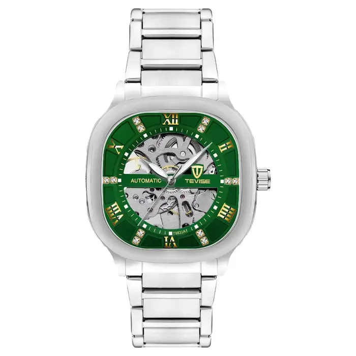 Montre automatique carrée rétro TEVISE pour homme, boîtier transparent, mouvement mécanique visible,