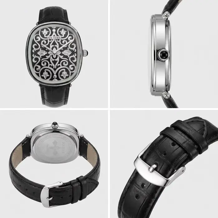 Montre à Quartz Design Sculpté en 3D Mouvement Sunon Boîtier Alliage Bracelet Cuir Occasions Spéciales Polyvalente Pour Homme