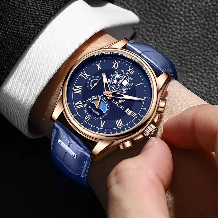 LIGE – montre-bracelet en cuir bleu pour hommes