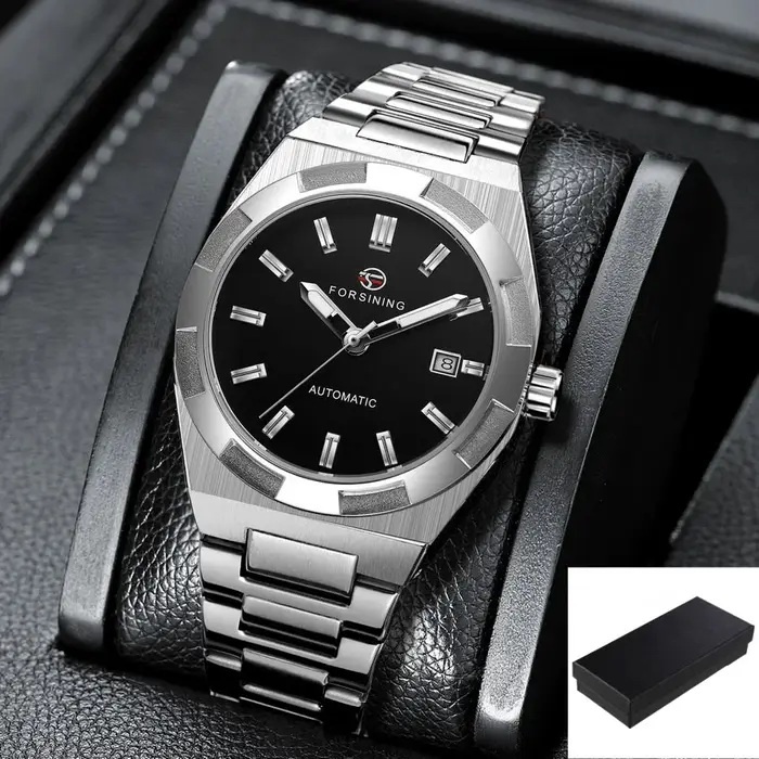 Nouveau noir hommes d'affaires Style classique décontracté automatique auto-vent montre mécanique bracelet en acier inoxydable grand cadran analogique calendrier