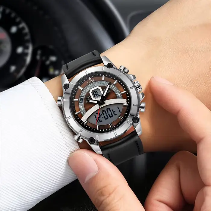 Montre homme XINEW à quartz avec double affichage analogique-digital, bracelet en cuir, chronographe et répéteur pour occasions spéciales