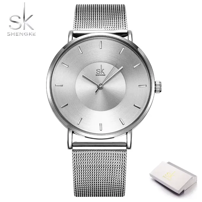 Shengke-Montre à quartz noire pour femmes, classique, ultra fine, bracelet en maille réglable