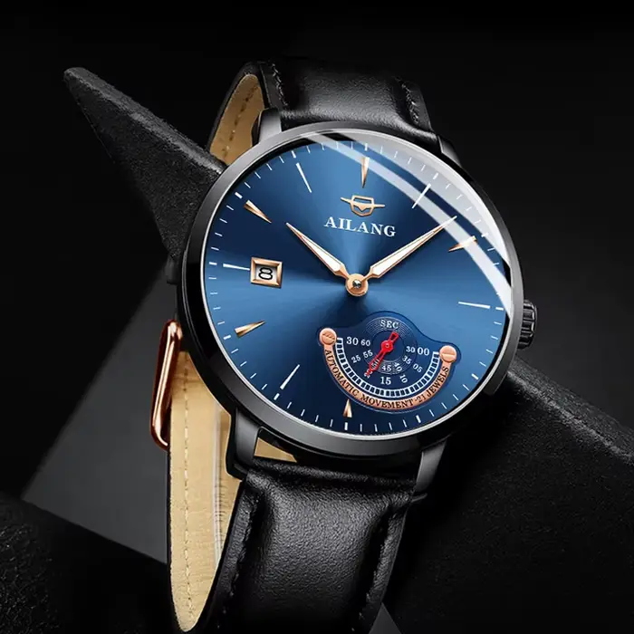 Montre mécanique AILANG en acier inoxydable avec bracelet en cuir de vachette pour hommes, résistante à l'eau, avec affichage nocturne et calendrier complet, pour tous les styles et occasions