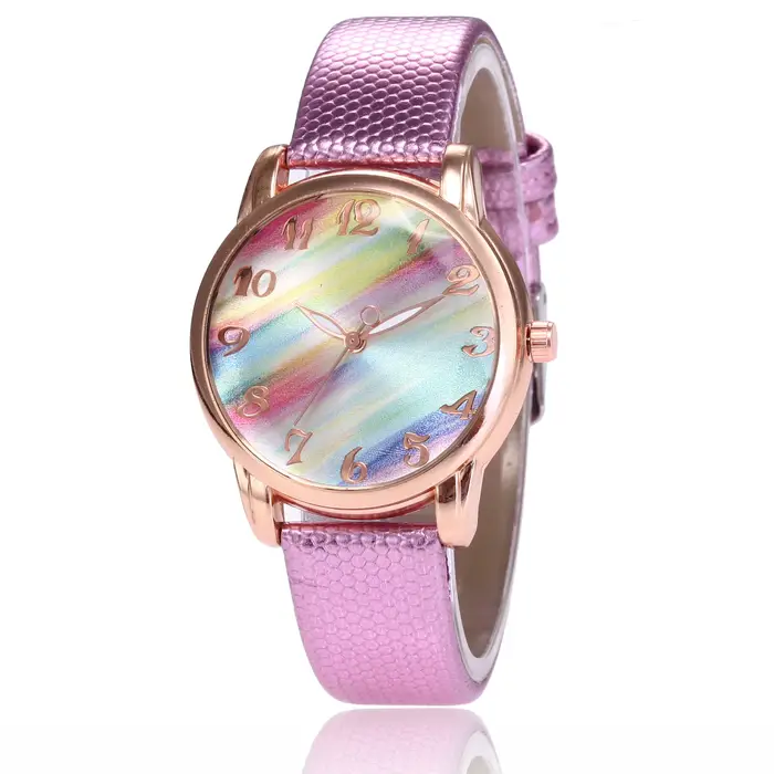 Femmes mode arc-en-ciel Montre bracelet en cuir Montre-bracelet décontracté dames