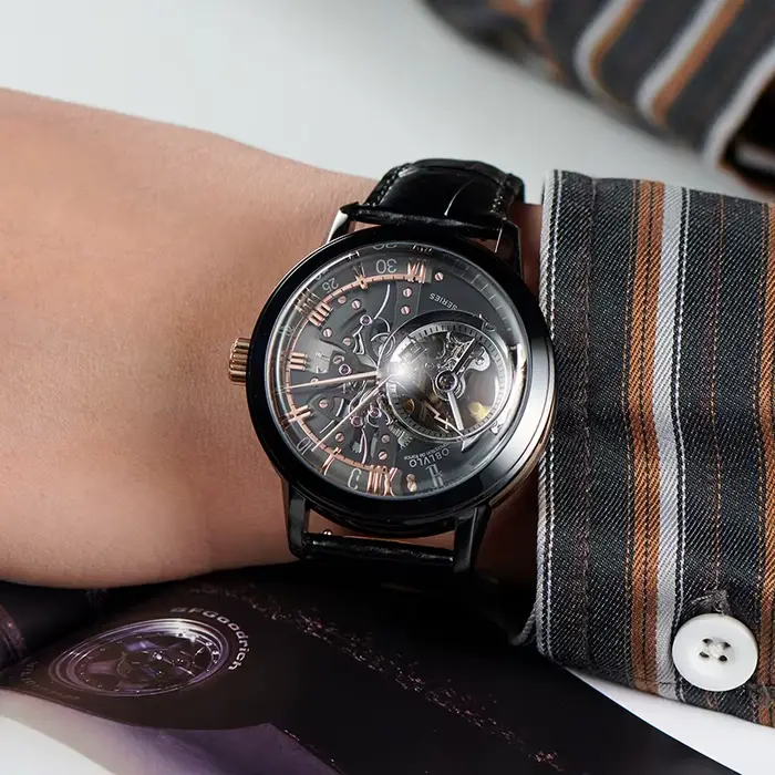 OBLVLO luxe rétro 45mm cadran squelette montres automatiques pour hommes bracelet en cuir de veau cristal minéral étanche montre mécanique VM