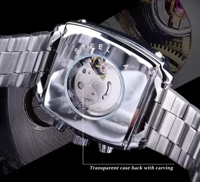 JARAGAR 569 rétro cadran carré Unique hommes automatique montre mécanique calendrier semaine bracelet en acier