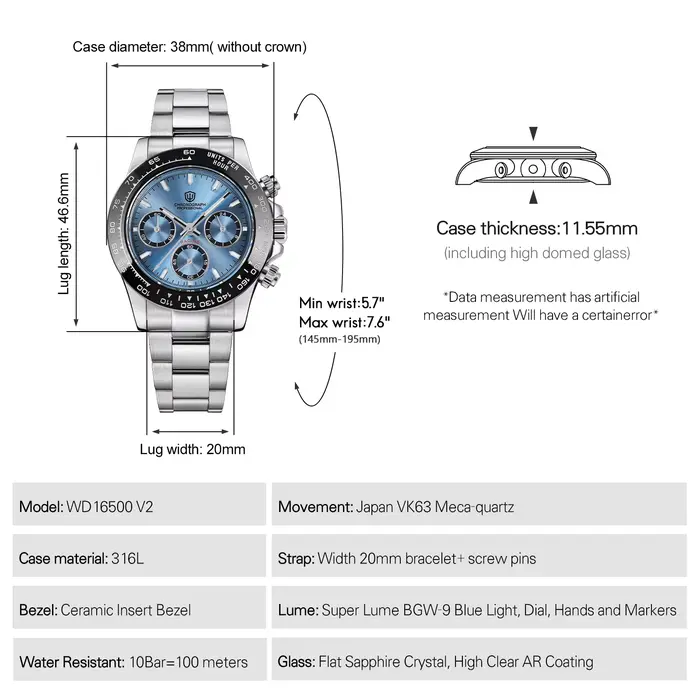 Montre chronographe à quartz Watchdives Wd16500 V2 VK63 avec lunette en acier saphir