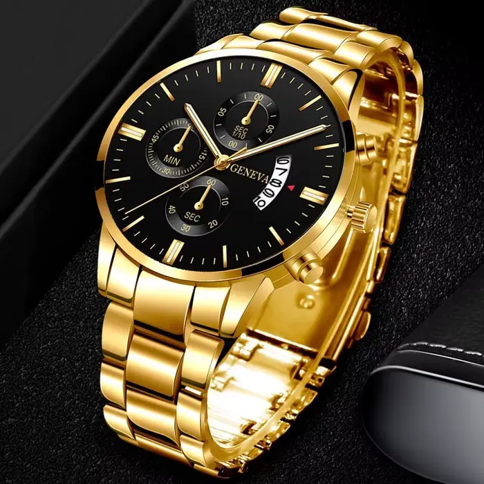 Mode Relogio Masculino couleur dorée montres hommes mâle horloge avec calendrier entièrement en acier Quartz montre-bracelet exquis Relojes Saati