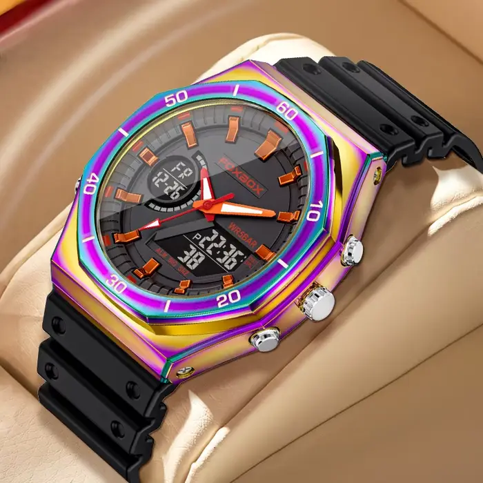 Montres FOXBOX à double affichage pour hommes, design fashion et casual, chronographe à quartz, grand cadran, bracelet en silicone, résistante à l'eau, idéale pour les activités sportives et les sorties décontractées