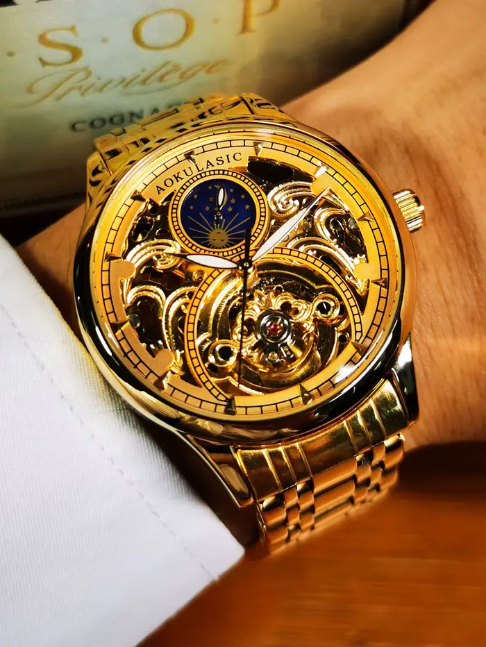Montre automatique vintage en or homme phase de lune tourbillon squelette aiguilles lumineuses bracelet acier occassionnels spéciaux