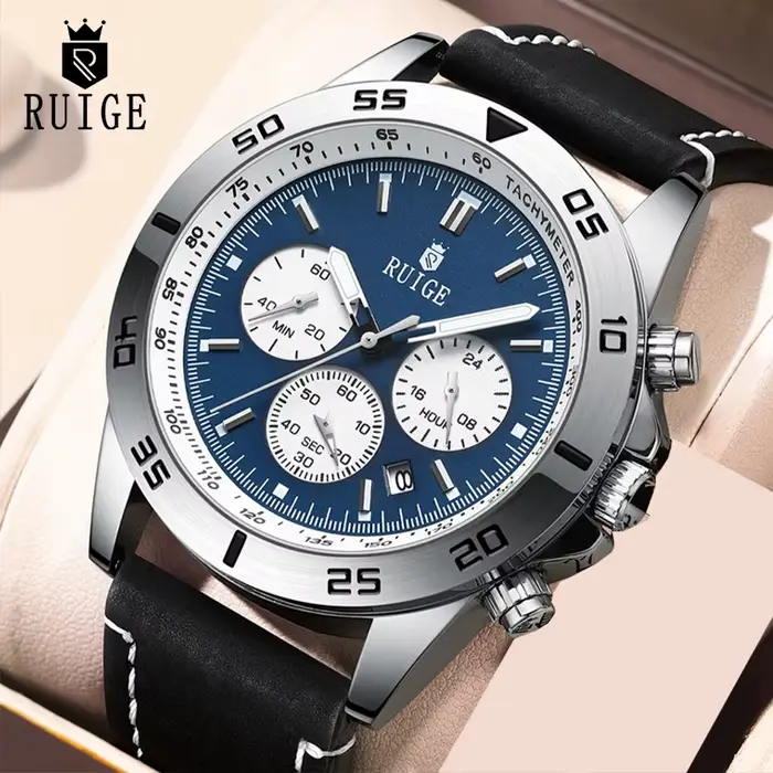 Montre-bracelet multifonctionnelle édition limitée avec bracelet en cuir phosphorescent résistante à l'eau pour hommes occasions spéciales
