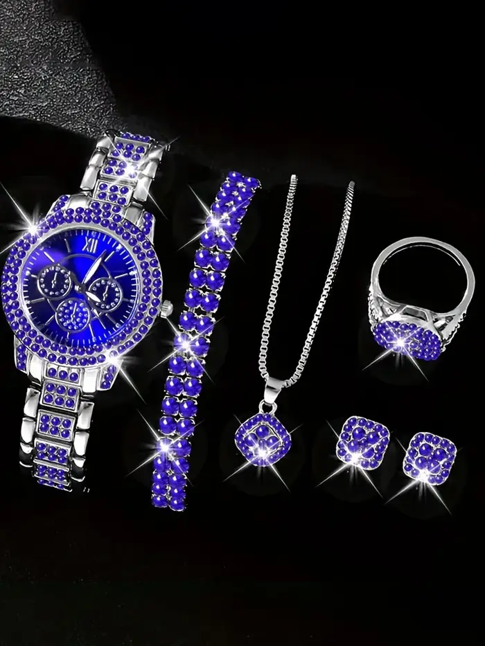 Ensemble de 6 pièces de montre luxueuse avec bracelet clouté de diamants pour femme, doté d'une mont