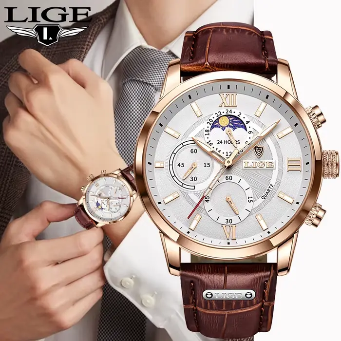 LIGE mode luxe hommes montres rétro bracelet en cuir décontracté Quartz homme montre horloges d'affaires sport étanche Date chronographe