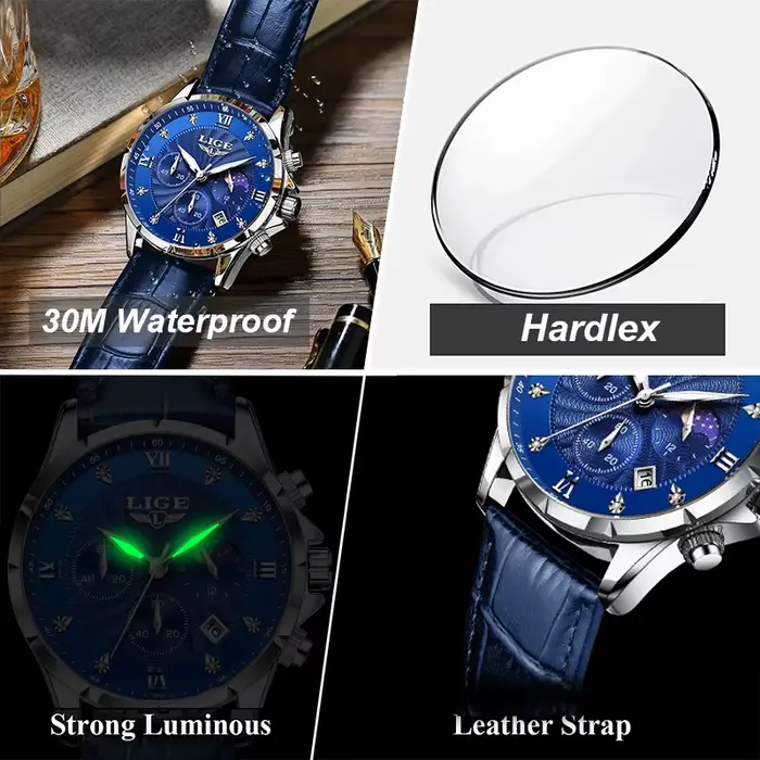 LIGE montre en cuir bleu hommes mode affaires montres militaires