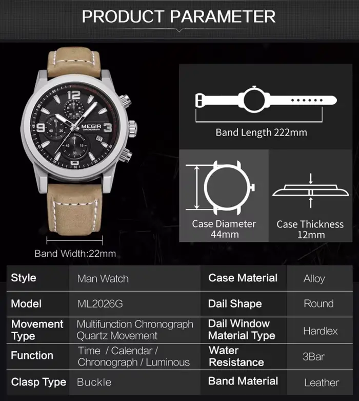 MEGIR luxe chronographe hommes Sport montres bracelet en cuir Quartz montre-bracelet lumineux décontracté mâle horloge Relogio Masculino 2026