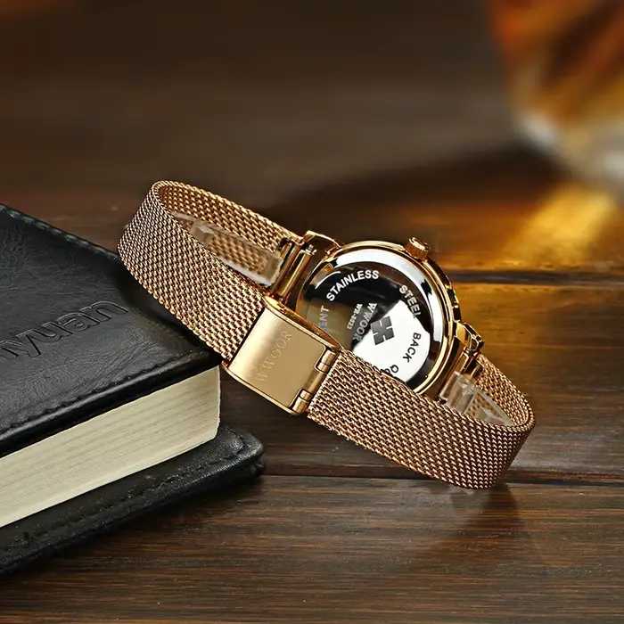 WWOOR-Montre de luxe à quartz pour femmes, étanche, simple, maille dorée
