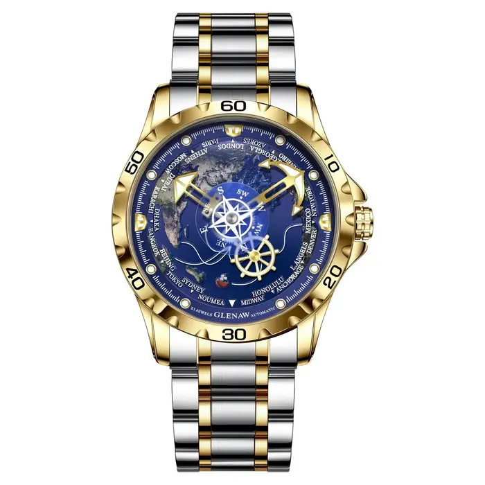 Glenaw Navigator Series Montre mécanique entièrement automatique Globe double couleur or et argent