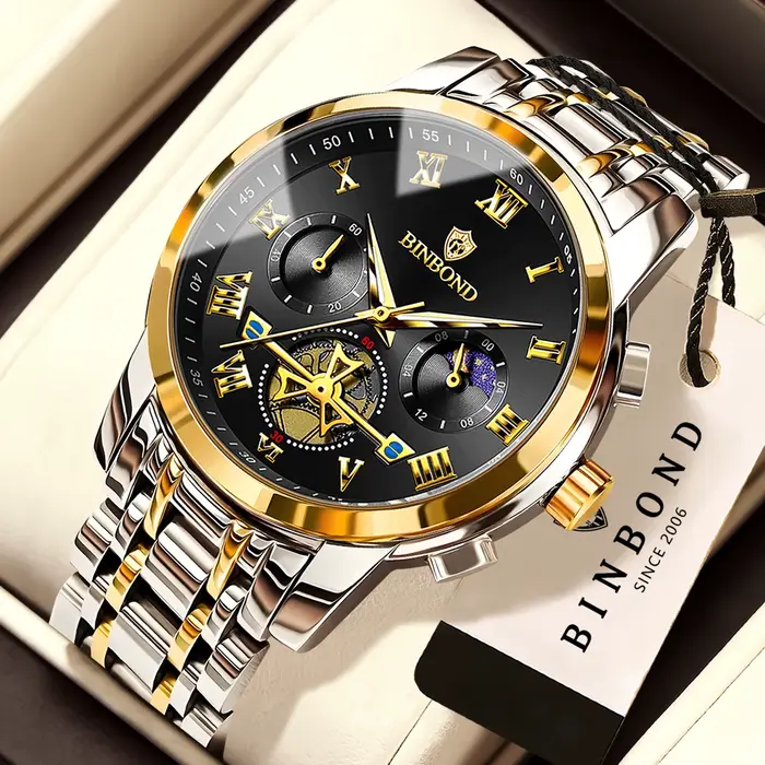 Montre-bracelet à quartz étanche pour homme avec cadran à échelle romaine classique et chronographe multifonctionnels pour occasions spéciales et activités sportives