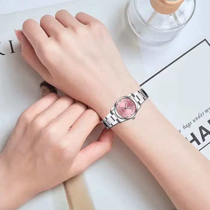 Montre pour femme de luxe 29mm à la mode en acier inoxydable strass rose minimaliste fille horloge e