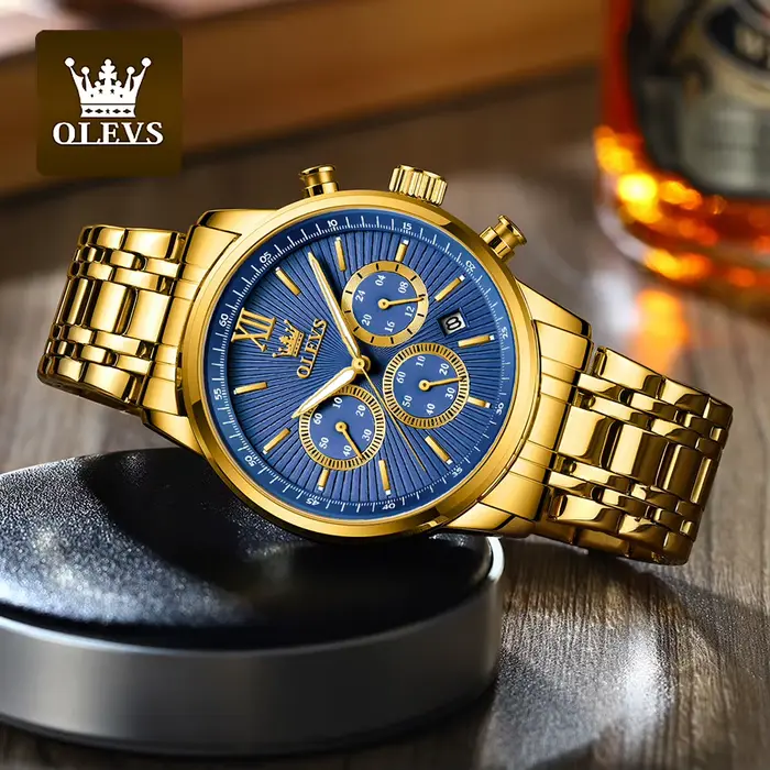 OLEVS or bleu montres pour hommes Date chronographe petit cadran conception exclusive luxe affaires étanche montre-bracelet en acier inoxydable