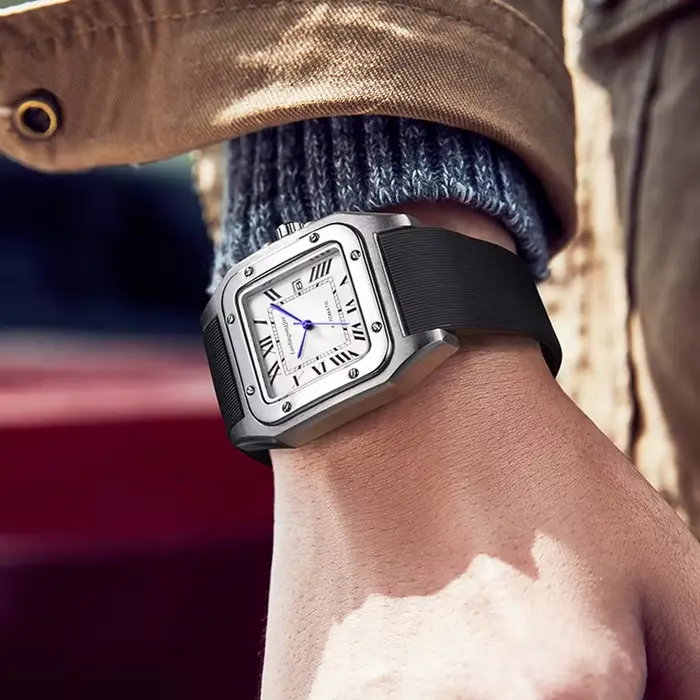 Montre mécanique homme carrée avec mouvement automatique calendrier complet résistante à l'eau pour occasions quotidiennes et professionnelles