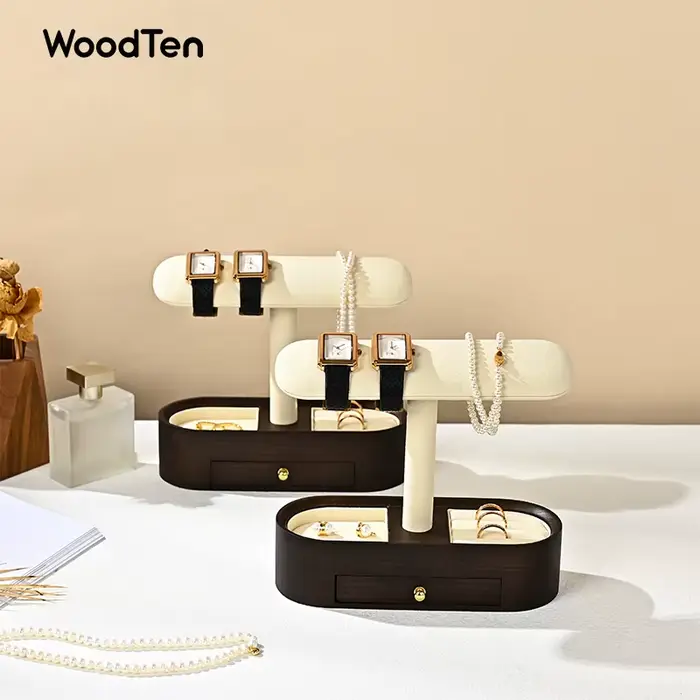 Présentoir de montre en bois massif avec tiroirs Double couche